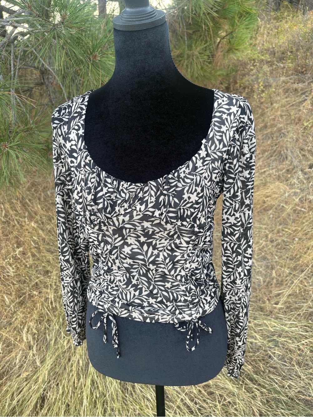 Large Almost Famous Cropped Black and Cream Leaf Print Blouse Semi Sheer